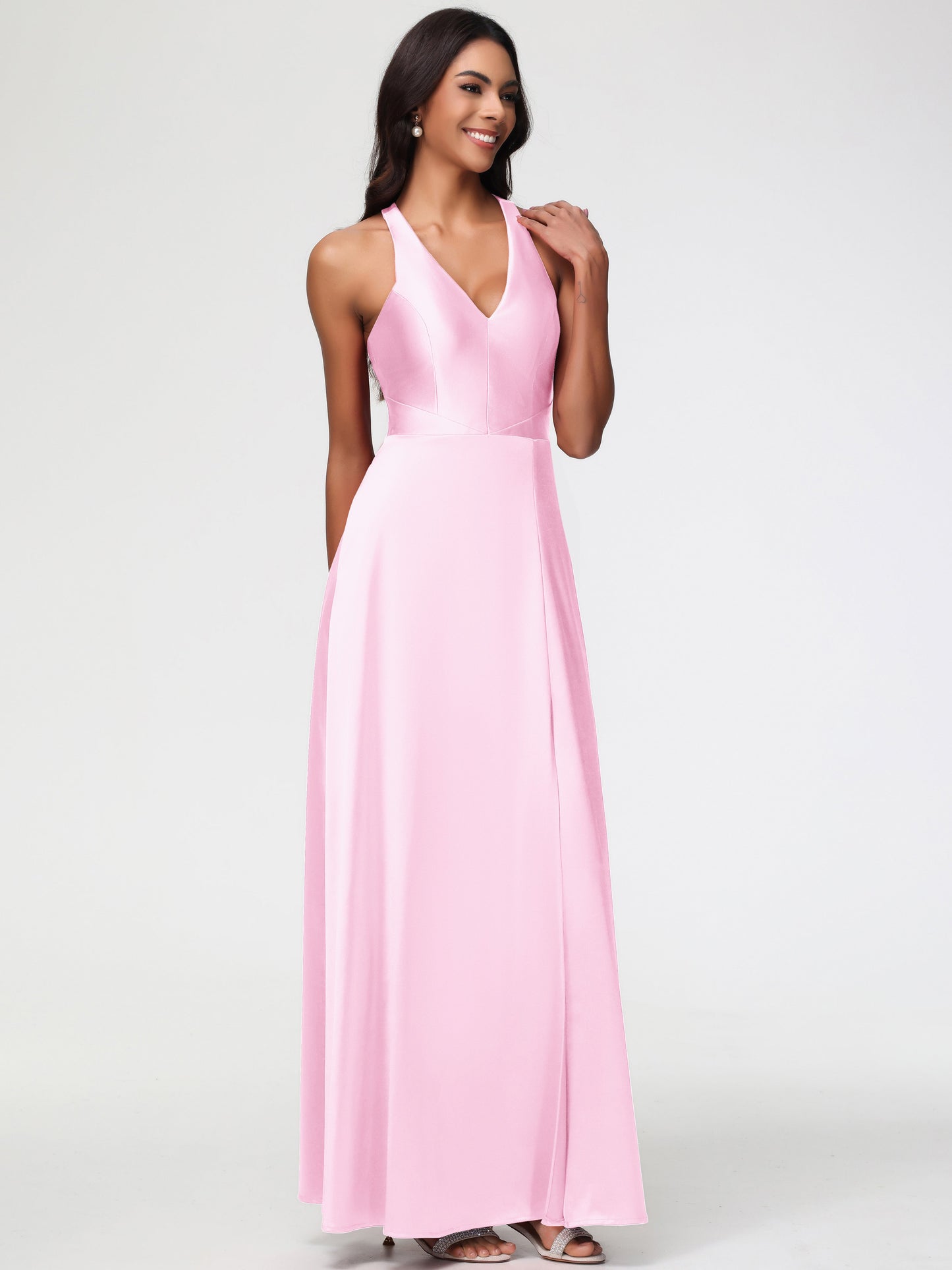 Blush Pink Bridesmaid Dresses Elegant V-Neck A Line Slit Stretch Satin Long Bridesmaid Dress