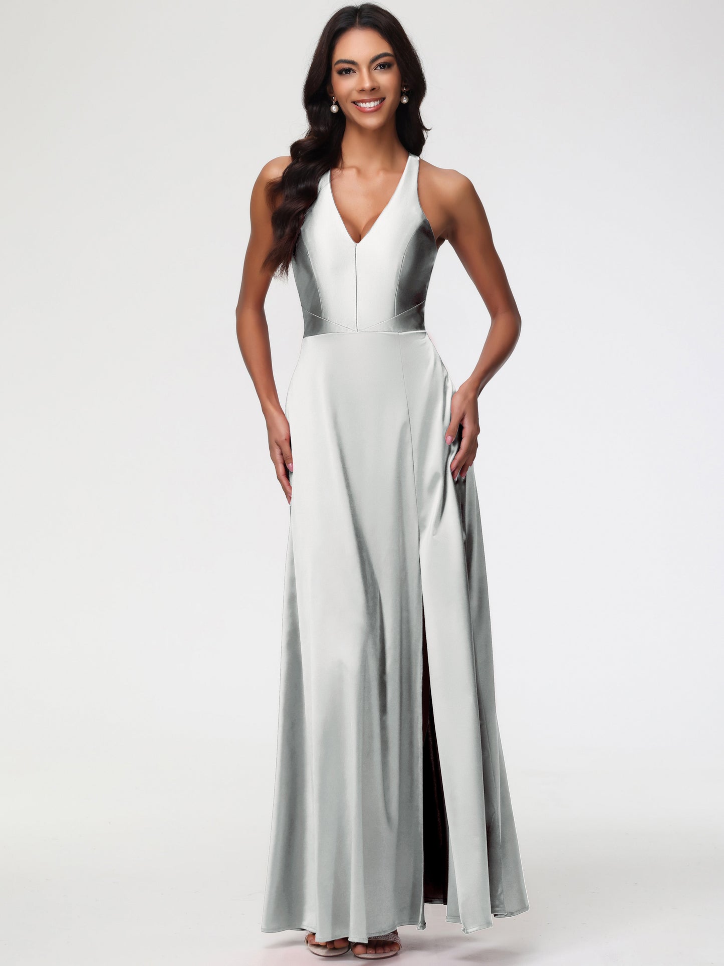 Bridesmaid Dresses Silver Elegant V-Neck A Line Slit Stretch Satin Long Bridesmaid Dress