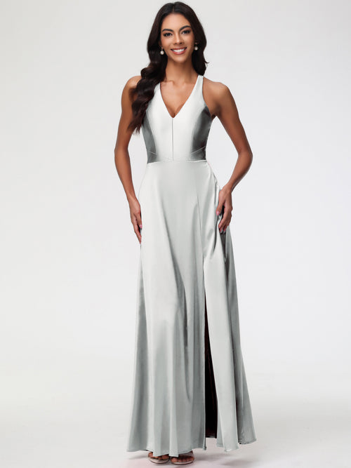 Bridesmaid Dresses Silver Elegant V-Neck A Line Slit Stretch Satin Long Bridesmaid Dress