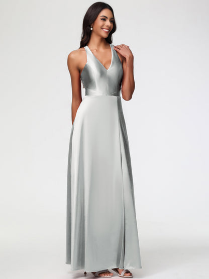 Bridesmaid Dresses Silver Elegant V-Neck A Line Slit Stretch Satin Long Bridesmaid Dress