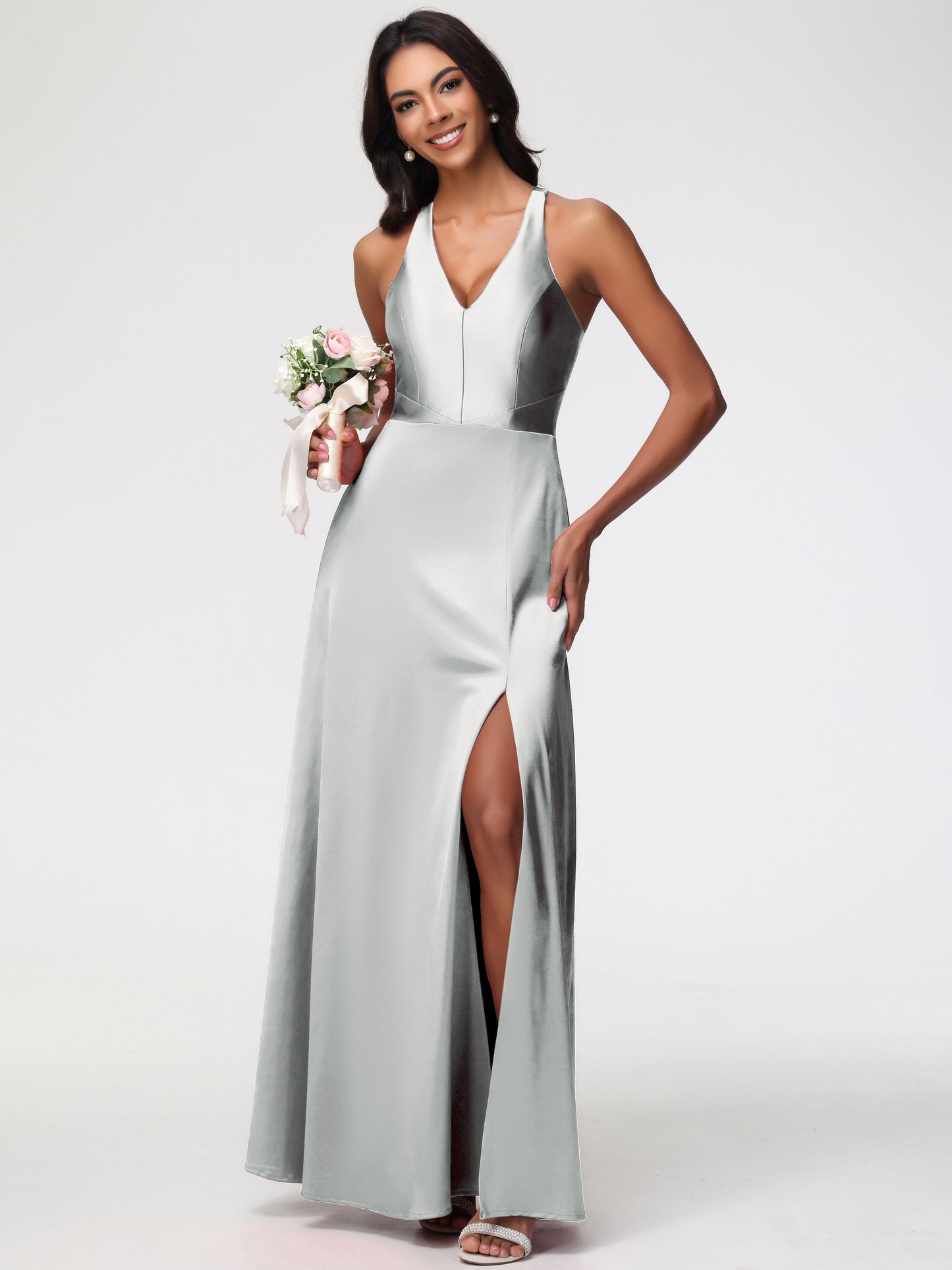 Bridesmaid Dresses Silver Elegant V-Neck A Line Slit Stretch Satin Long Bridesmaid Dress