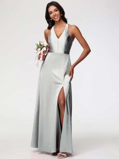 Bridesmaid Dresses Silver Elegant V-Neck A Line Slit Stretch Satin Long Bridesmaid Dress