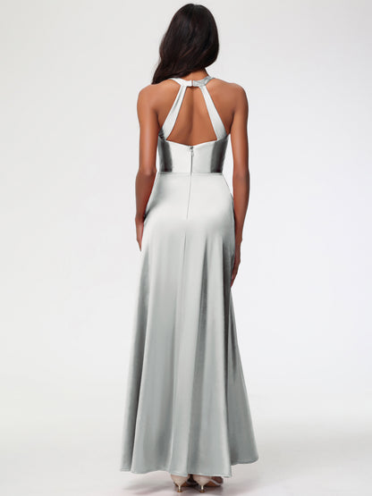 Bridesmaid Dresses Silver Elegant V-Neck A Line Slit Stretch Satin Long Bridesmaid Dress