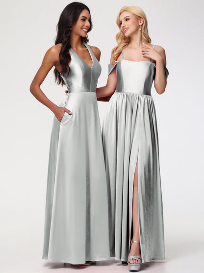 Bridesmaid Dresses Silver Elegant V-Neck A Line Slit Stretch Satin Long Bridesmaid Dress