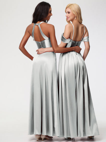 Bridesmaid Dresses Silver Elegant V-Neck A Line Slit Stretch Satin Long Bridesmaid Dress