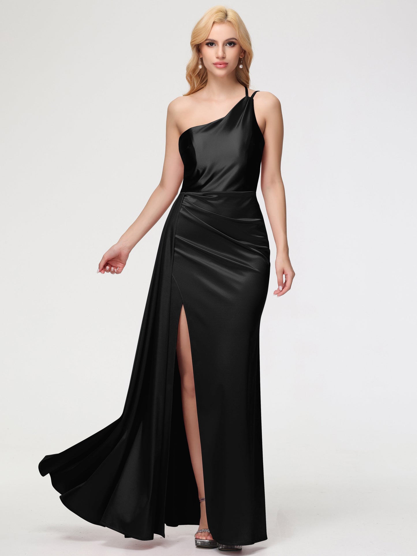 Long Black Bridesmaid Dress One Shoulder Trumpet/Mermaid Straps Pleats Stretch Satin Bridesmaid Dresses