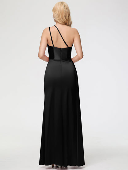 Long Black Bridesmaid Dress One Shoulder Trumpet/Mermaid Straps Pleats Stretch Satin Bridesmaid Dresses