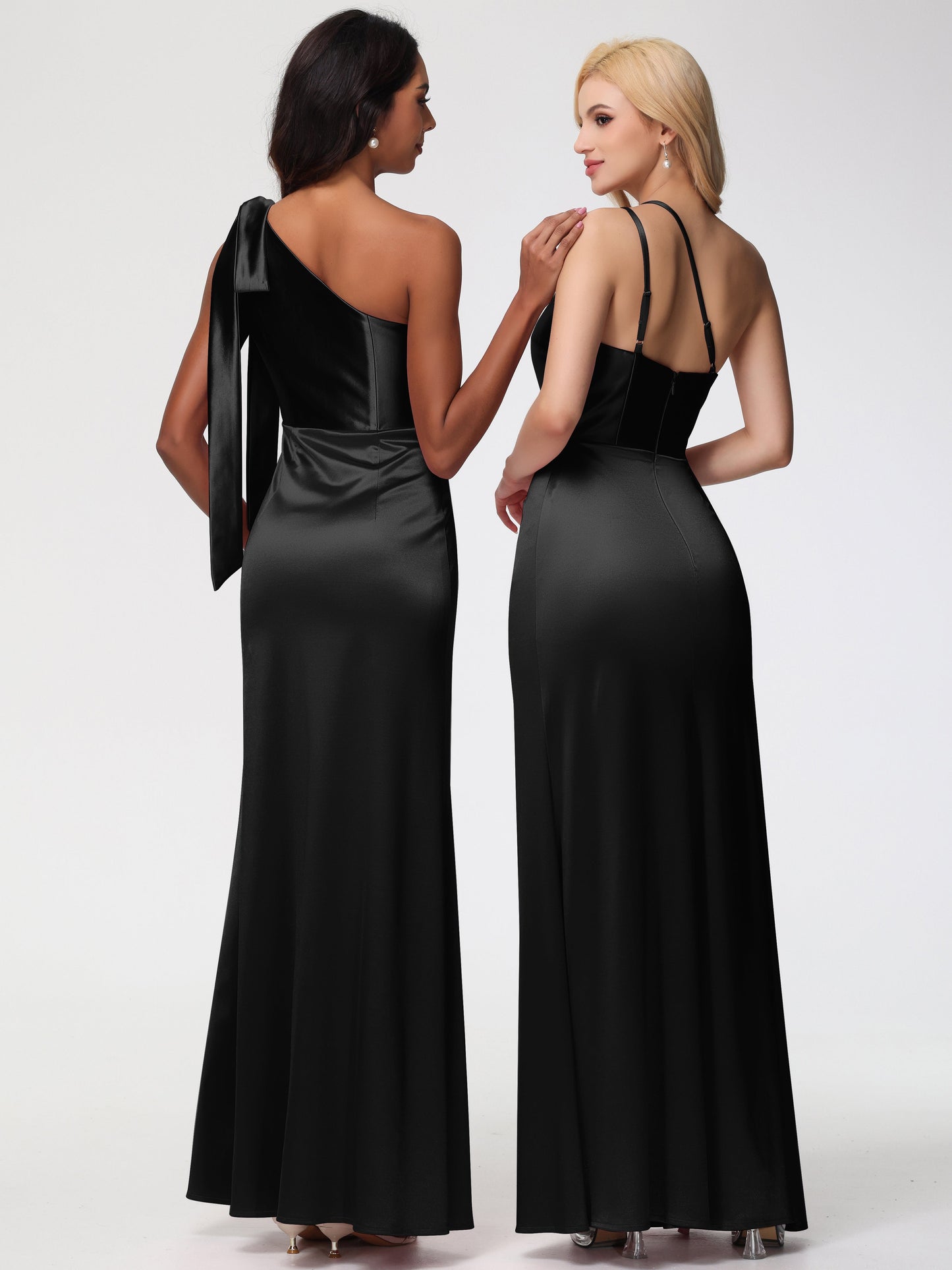 Long Black Bridesmaid Dress One Shoulder Trumpet/Mermaid Straps Pleats Stretch Satin Bridesmaid Dresses