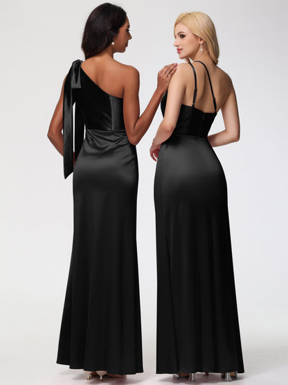 Long Black Bridesmaid Dress One Shoulder Trumpet/Mermaid Straps Pleats Stretch Satin Bridesmaid Dresses