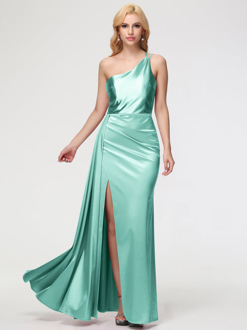 Mint Green Bridesmaids Dress One Shoulder Trumpet/Mermaid Straps Pleats Stretch Satin Bridesmaid Dresses