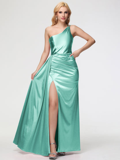 Mint Green Bridesmaids Dress One Shoulder Trumpet/Mermaid Straps Pleats Stretch Satin Bridesmaid Dresses