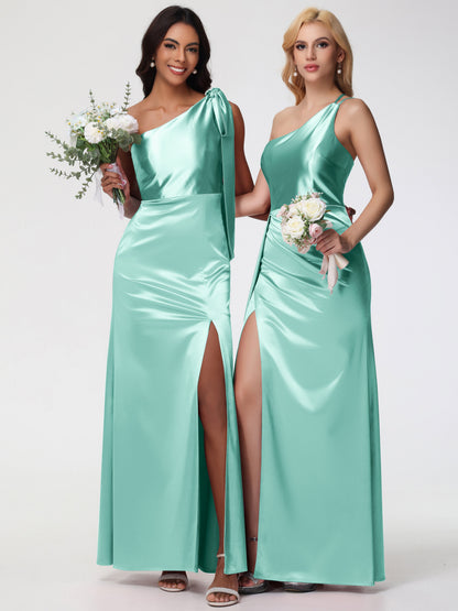 Mint Green Bridesmaids Dress One Shoulder Trumpet/Mermaid Straps Pleats Stretch Satin Bridesmaid Dresses