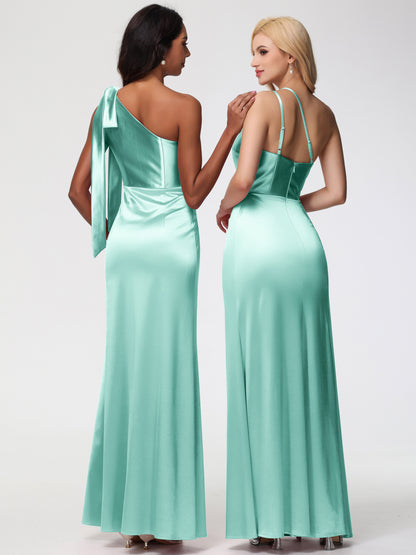 Mint Green Bridesmaids Dress One Shoulder Trumpet/Mermaid Straps Pleats Stretch Satin Bridesmaid Dresses