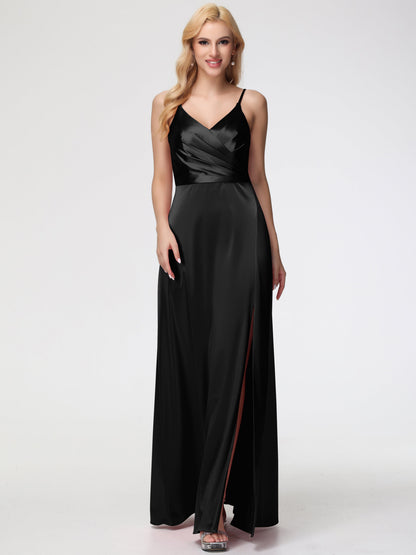 Bridesmaids Dresses Black Spaghetti Straps A-Line V-Neck Pleats Stretch Satin Bridesmaid Dresses