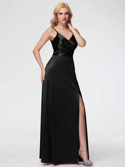 Bridesmaids Dresses Black Spaghetti Straps A-Line V-Neck Pleats Stretch Satin Bridesmaid Dresses