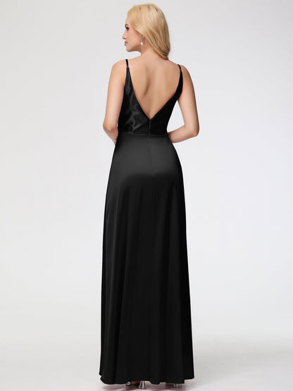 Bridesmaids Dresses Black Spaghetti Straps A-Line V-Neck Pleats Stretch Satin Bridesmaid Dresses