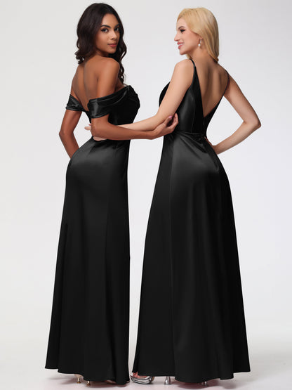 Bridesmaids Dresses Black Spaghetti Straps A-Line V-Neck Pleats Stretch Satin Bridesmaid Dresses