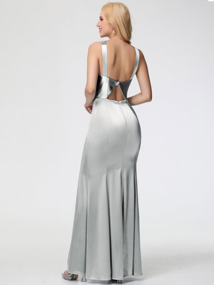 Bridesmaid Dress Silver Halter Trumpet/Mermaid Stretch Satin Bridesmaid Dresses With Split