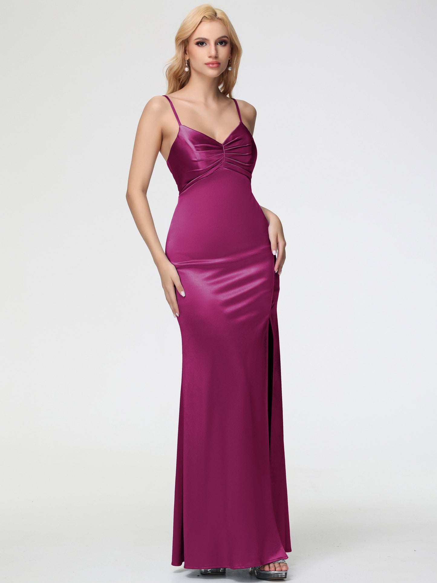 Bridesmaid Dresses Fuchsia V-Neck Sleeveless Spaghetti Straps Trumpet/Mermaid Split Stretch Satin Bridesmaid Dresses