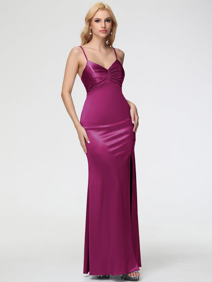 Bridesmaid Dresses Fuchsia V-Neck Sleeveless Spaghetti Straps Trumpet/Mermaid Split Stretch Satin Bridesmaid Dresses