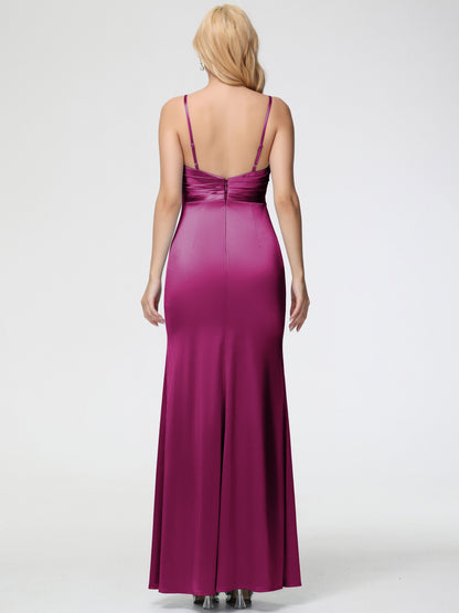 Bridesmaid Dresses Fuchsia V-Neck Sleeveless Spaghetti Straps Trumpet/Mermaid Split Stretch Satin Bridesmaid Dresses