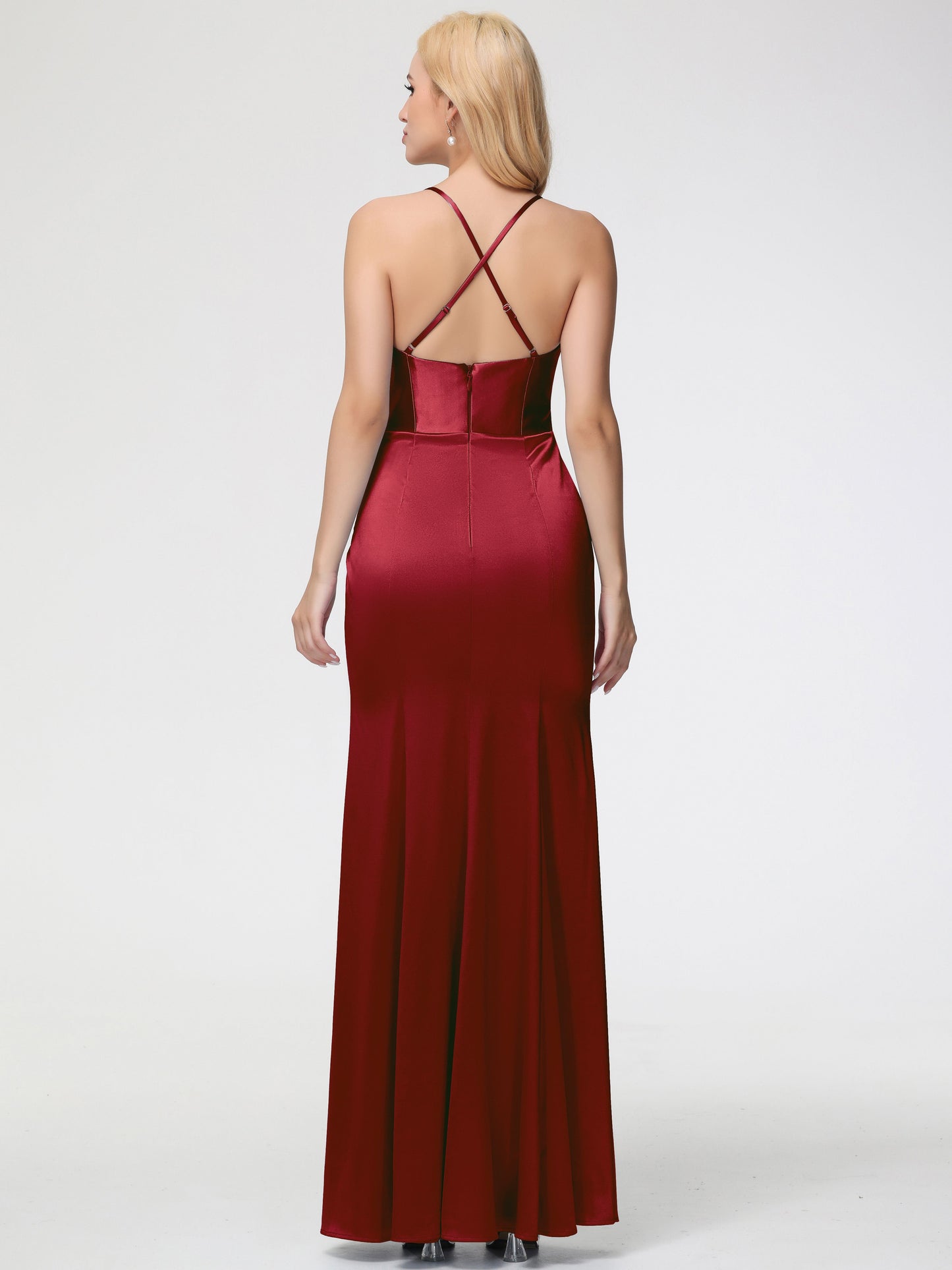 Burgundy Bridesmaid Dresses Sleeveless Cowl Spaghetti Straps Trumpet/Mermaid Split Stretch Satin Bridesmaid Dresses
