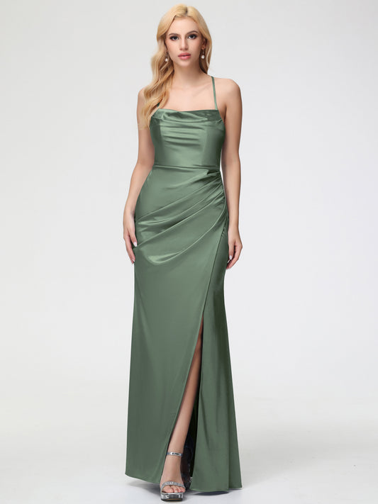 Bridesmaid Dress Olive Green Sleeveless Cowl Spaghetti Straps Trumpet/Mermaid Split Stretch Satin Bridesmaid Dresses