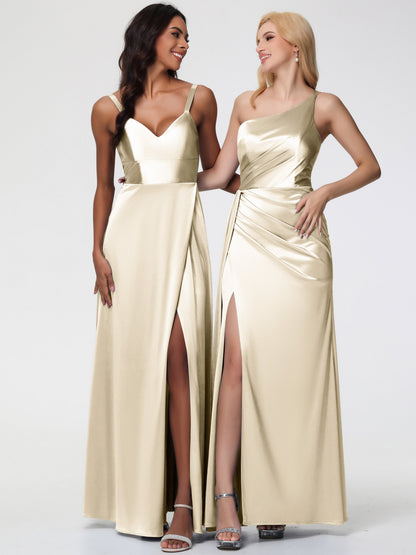 Champagne Dress Bridesmaid Trumpet/Mermaid One Shoulder Sleeveless Pleats Stretch Satin Bridesmaid Dresses With Split
