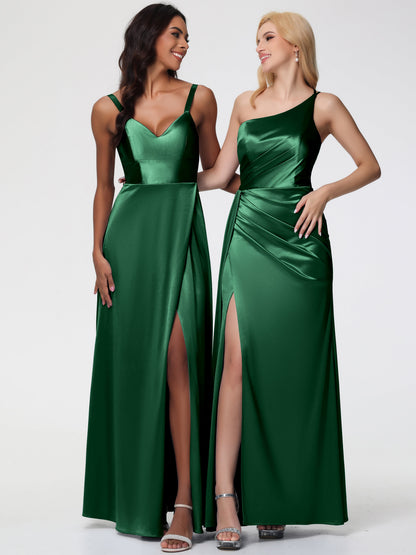 Dark Green Dress Bridesmaid Trumpet/Mermaid One Shoulder Sleeveless Pleats Stretch Satin Bridesmaid Dresses With Split