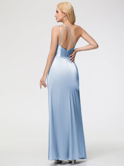 Bridesmaids Dresses Sky Blue Trumpet/Mermaid One Shoulder Sleeveless Pleats Stretch Satin Bridesmaid Dresses With Split