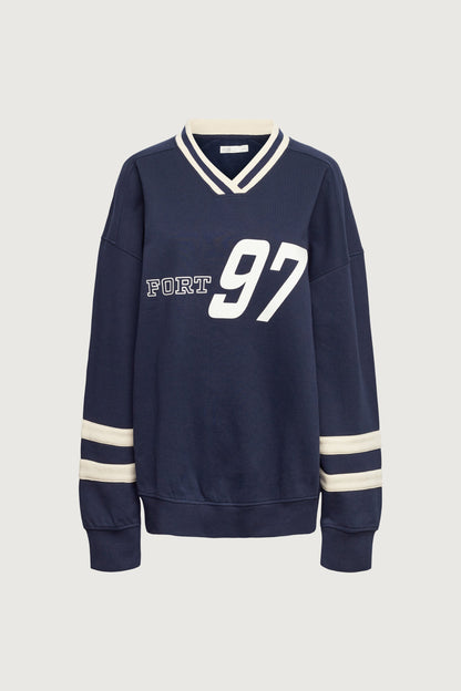 V-NECK VARSITY GRAPHIC SWEATSHIRT