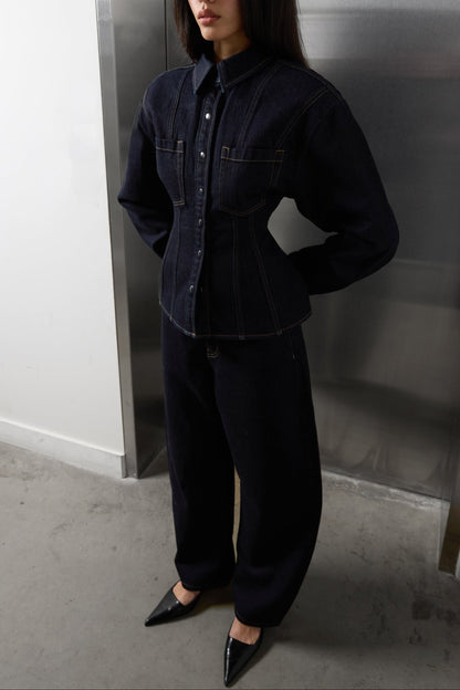 CINCHED WAIST DENIM SHIRT
