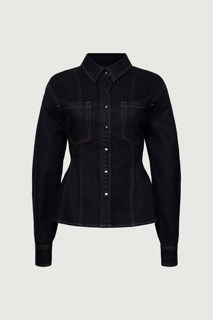 CINCHED WAIST DENIM SHIRT