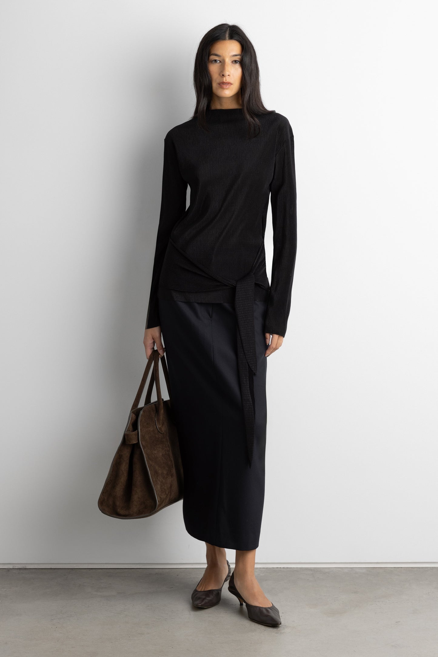 PLISSE LONG SLEEVE TOP WITH WAIST TIE