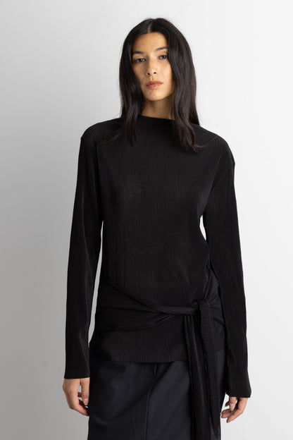 PLISSE LONG SLEEVE TOP WITH WAIST TIE
