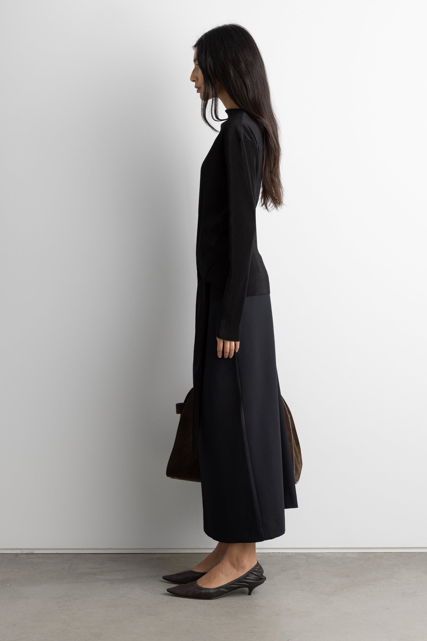 PLISSE LONG SLEEVE TOP WITH WAIST TIE