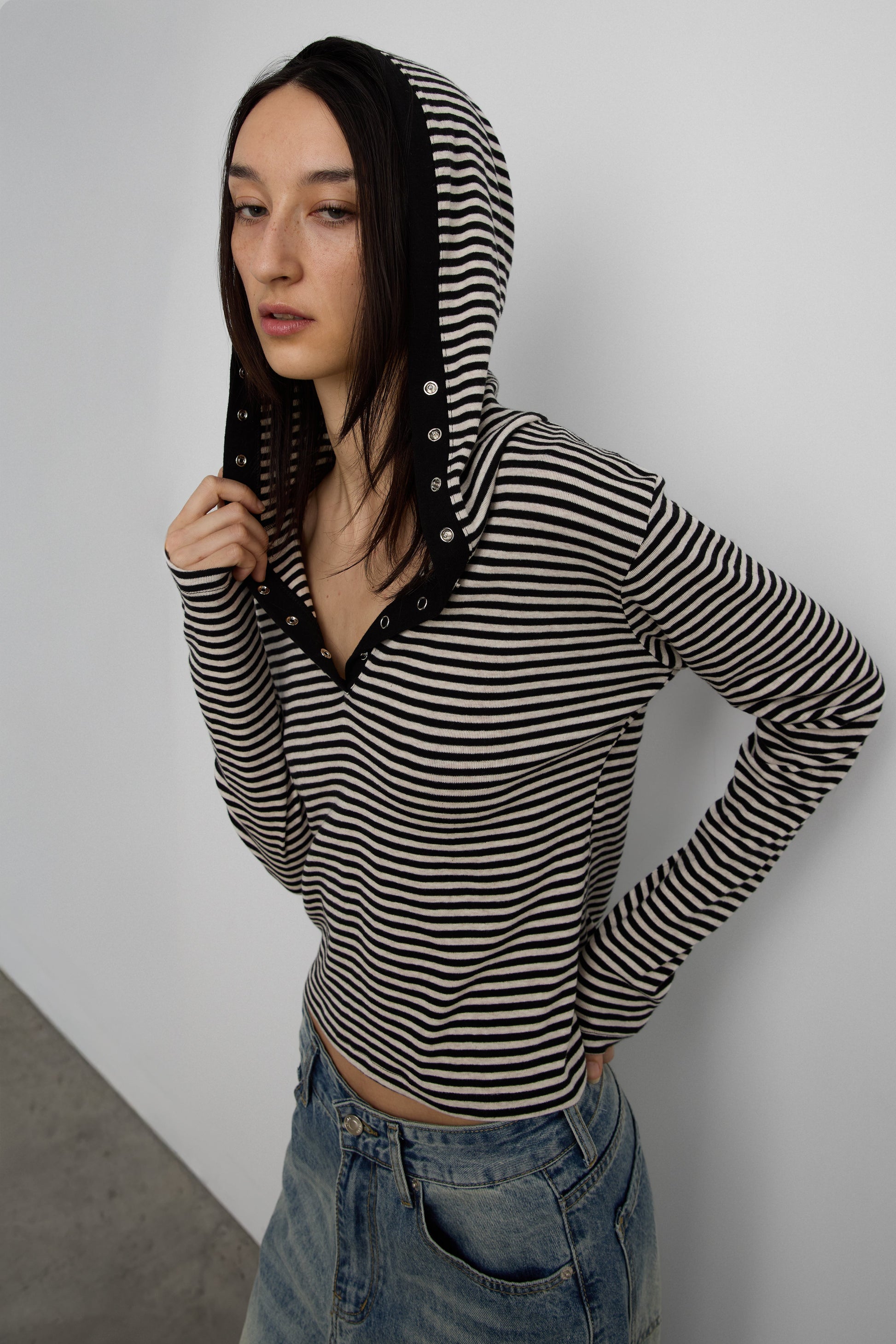 HOODED STRIPED TOP WITH SNAP FRONT DETAIL