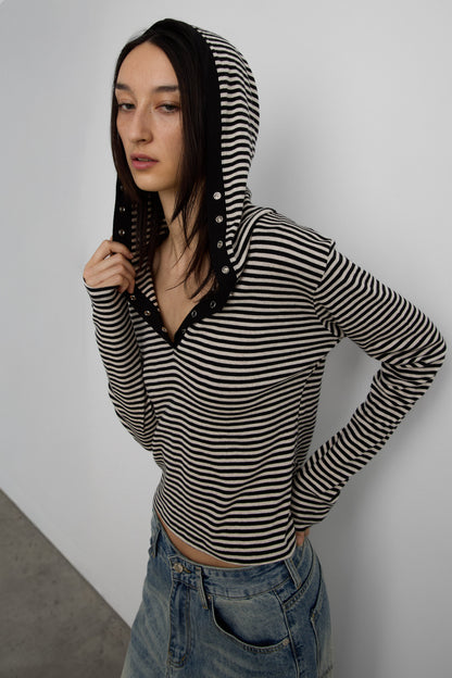 HOODED STRIPED TOP WITH SNAP FRONT DETAIL