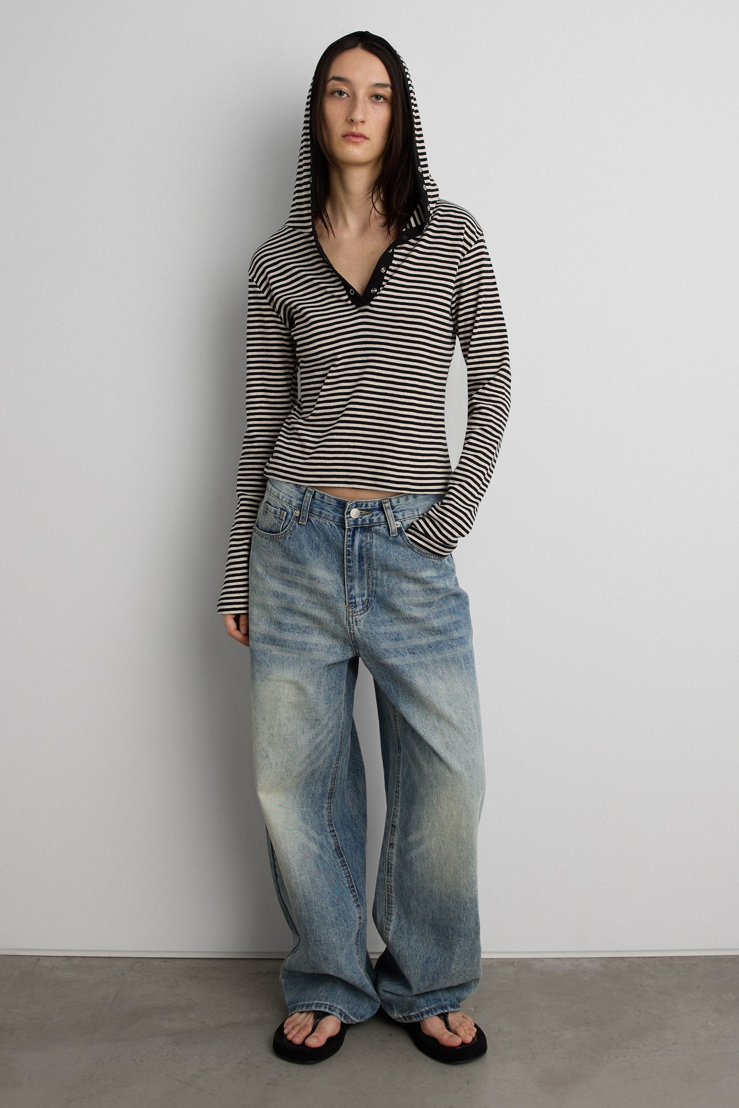 HOODED STRIPED TOP WITH SNAP FRONT DETAIL