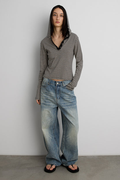 HOODED STRIPED TOP WITH SNAP FRONT DETAIL