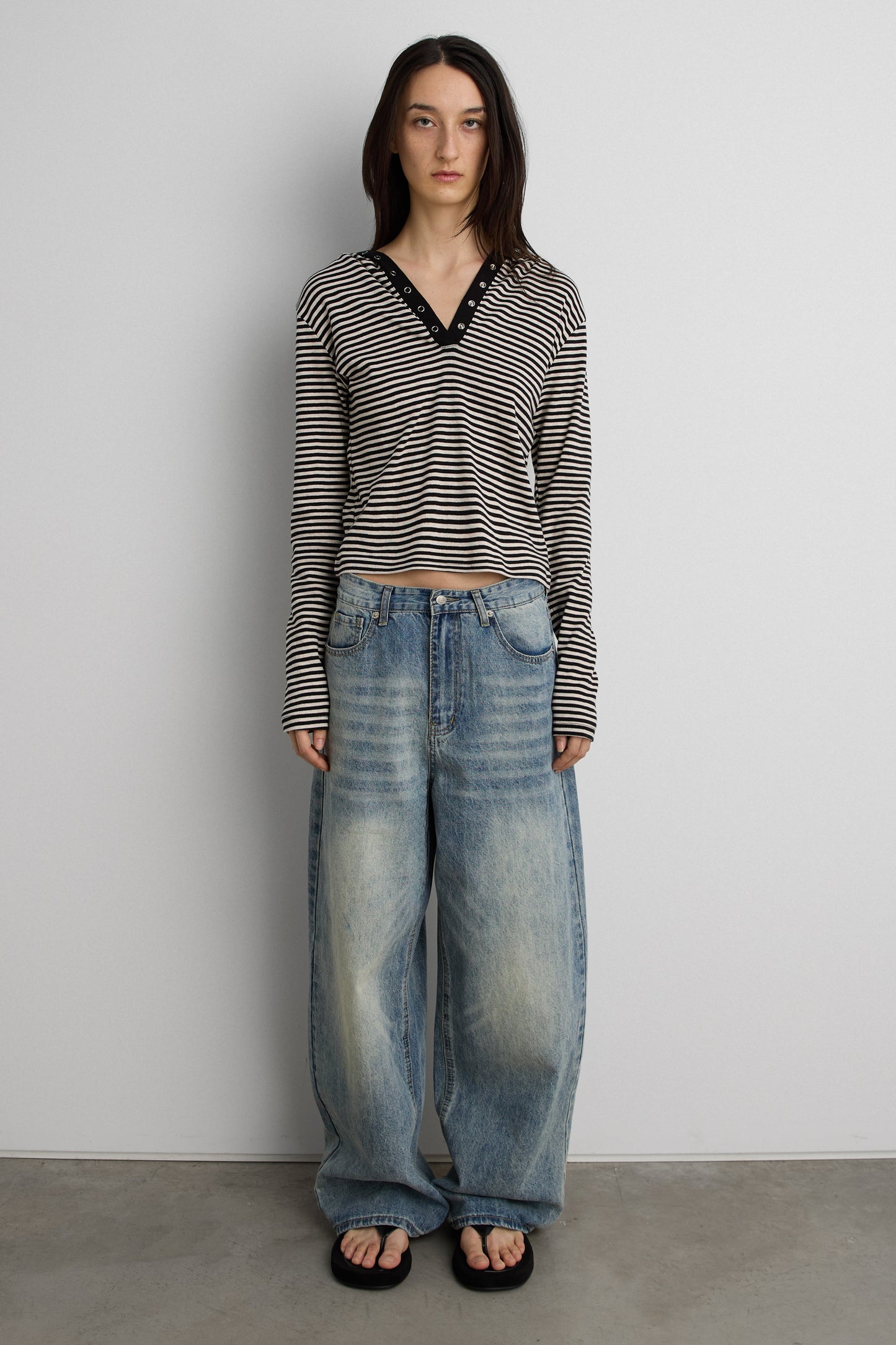 HOODED STRIPED TOP WITH SNAP FRONT DETAIL