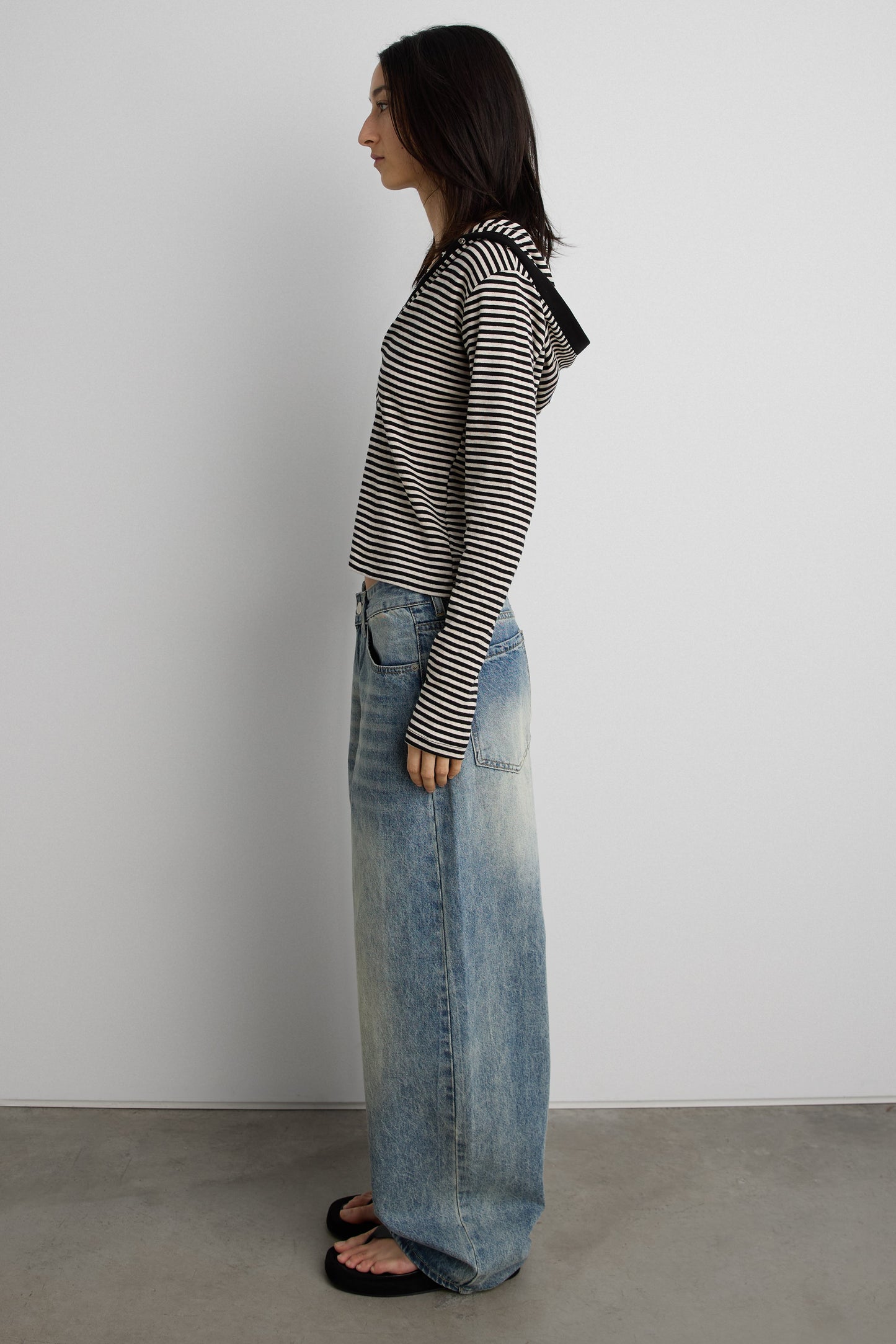 HOODED STRIPED TOP WITH SNAP FRONT DETAIL