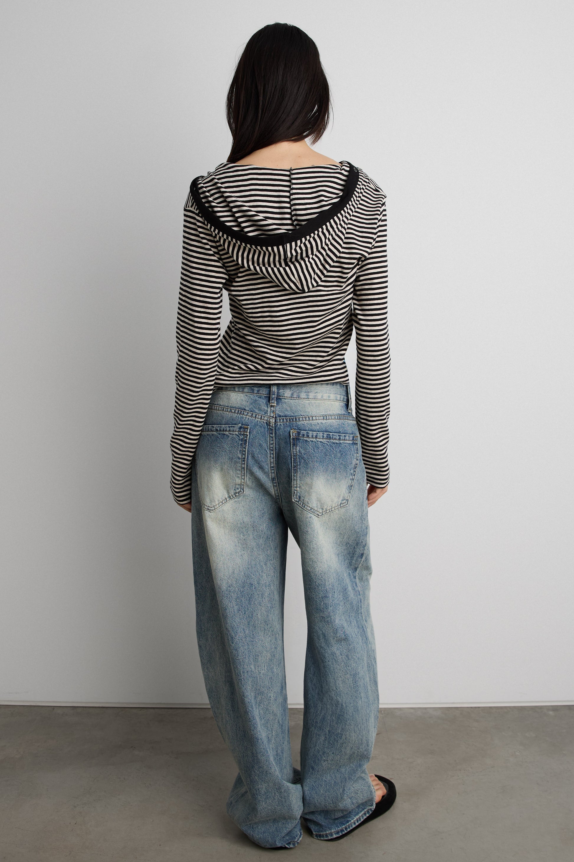 HOODED STRIPED TOP WITH SNAP FRONT DETAIL