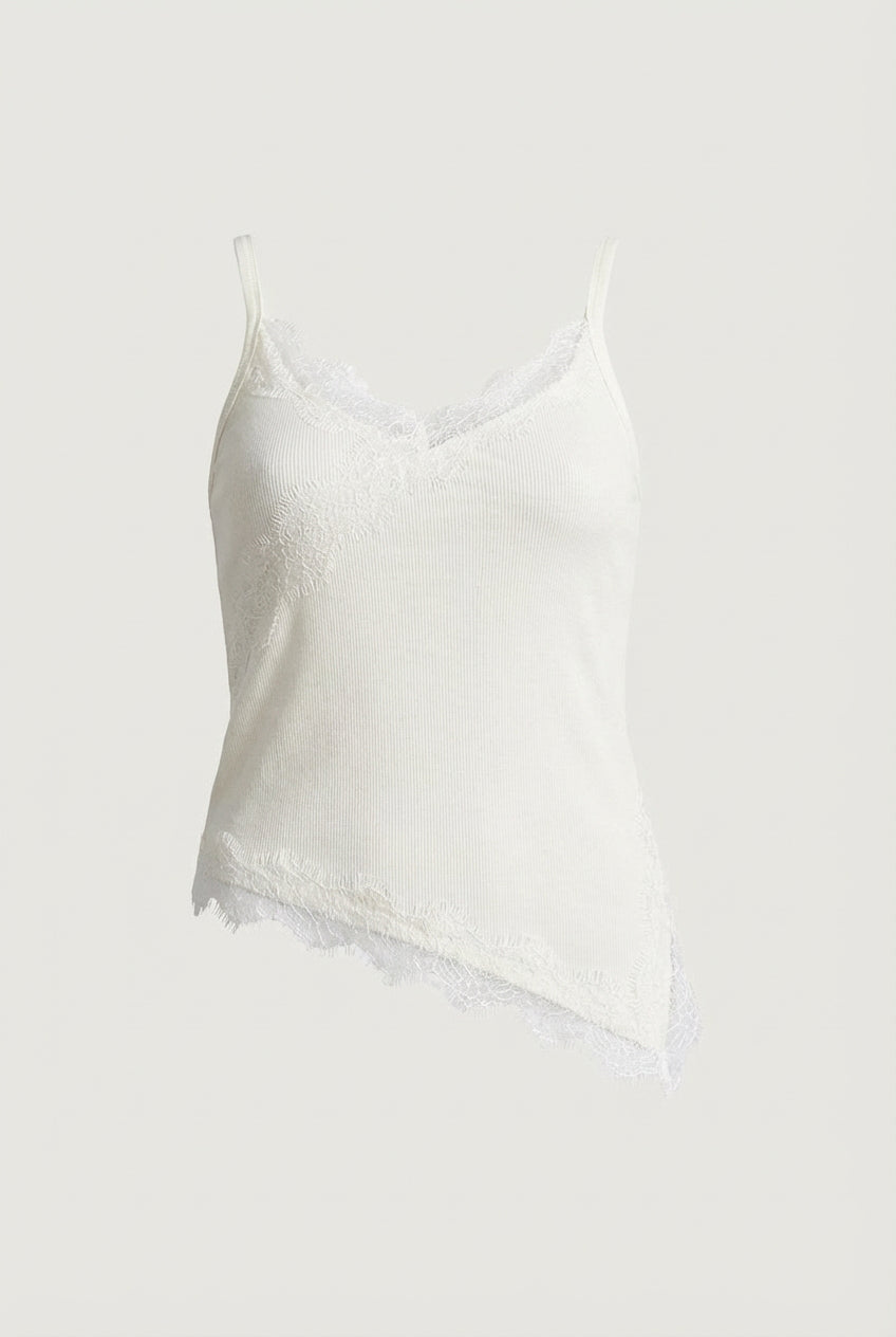 RIBBED ASYMMETRICAL LACE TRIM TANK TOP