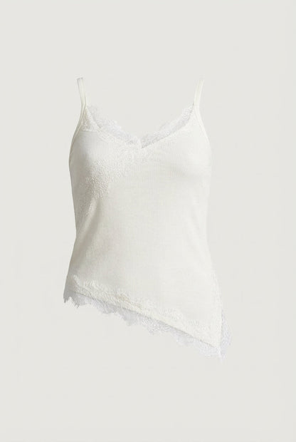 RIBBED ASYMMETRICAL LACE TRIM TANK TOP