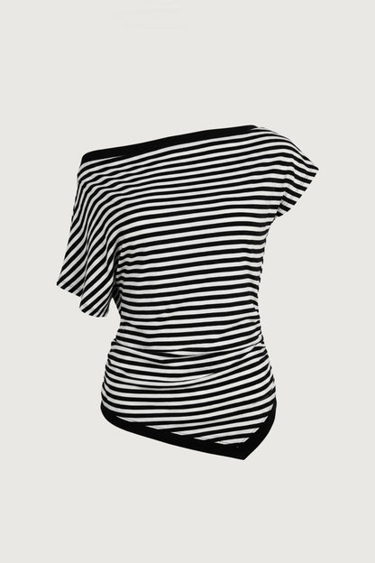 OFF SHOULDER ASYMMETRICAL STRIPE TOP
