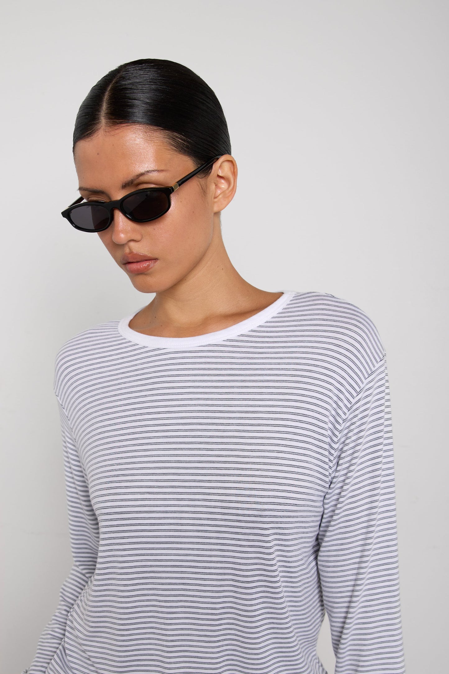 STRIPED DROP SHOULDER TOP WITH CONTRAST NECK