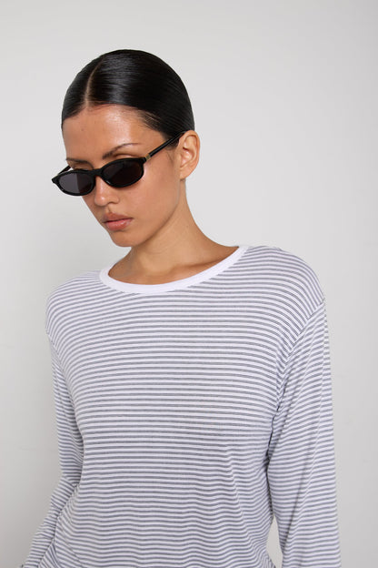 STRIPED DROP SHOULDER TOP WITH CONTRAST NECK