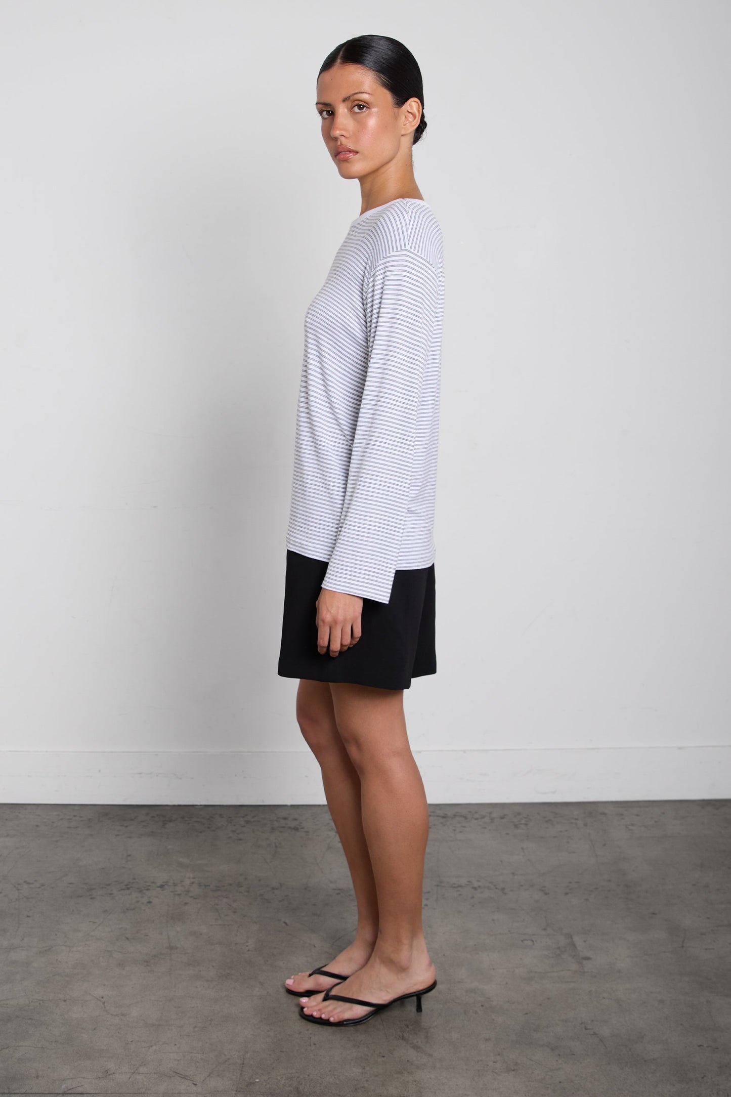 STRIPED DROP SHOULDER TOP WITH CONTRAST NECK