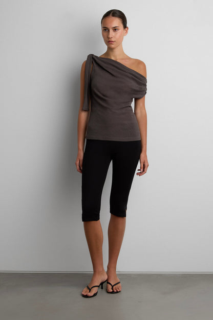 ASYMMETRICAL SHIRRED OFF-SHOULDER TOP